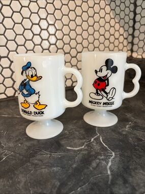 Vintage Disney Mickey Mouse & Donald Duck White Pedestal Mugs - Set of 2